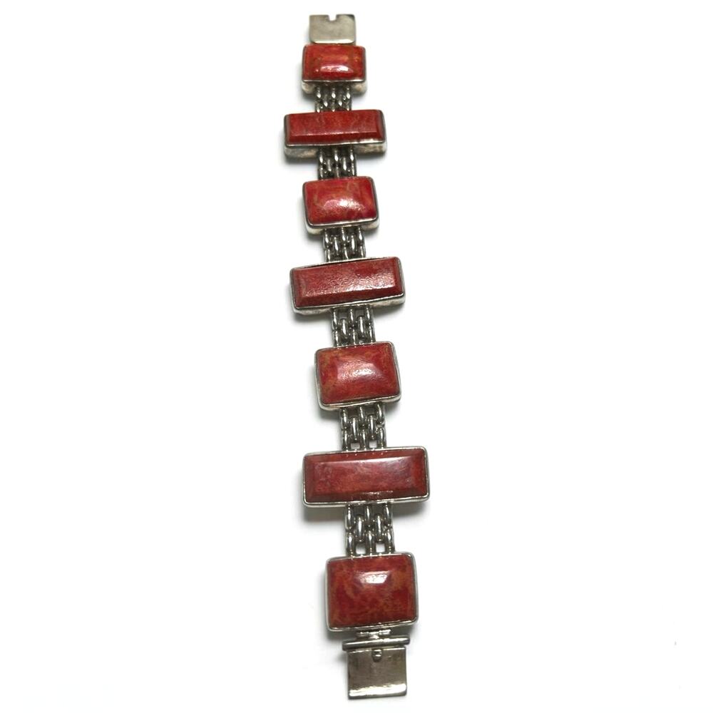 Heavy Vintage 925 Sterling Silver Red Sponge Coral Panel Statement Bracelet 59g